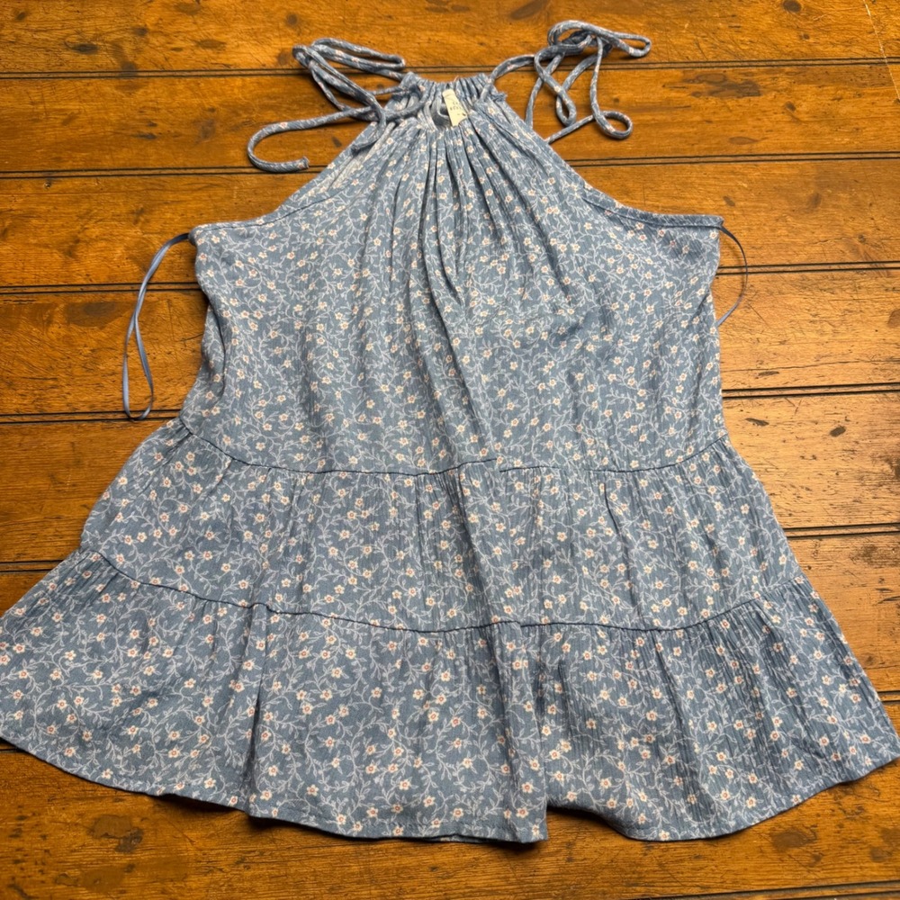 Lazy Sundays Blue‎ Floral Tiered Halter Tank Top Size L Made in USA